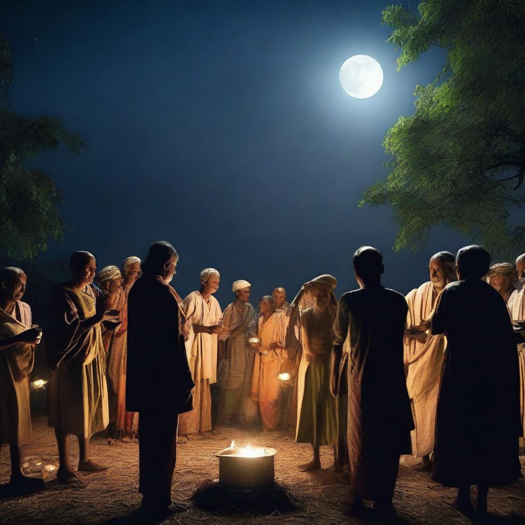 Create a hyper-realistic image of Indian villagers gathering at midnight