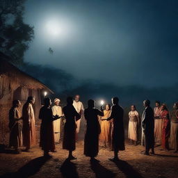 Create a hyper-realistic image of Indian villagers gathering at midnight