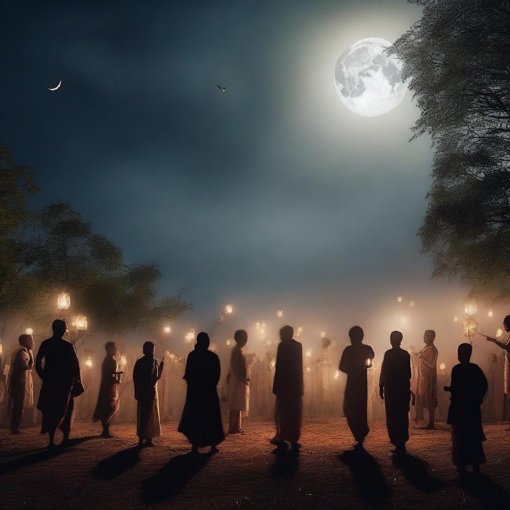 Create a hyper-realistic image of Indian villagers gathering at midnight