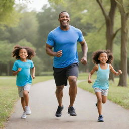 A wholesome image of a father happily exercising with his enthusiastic children in a bright outdoor setting.