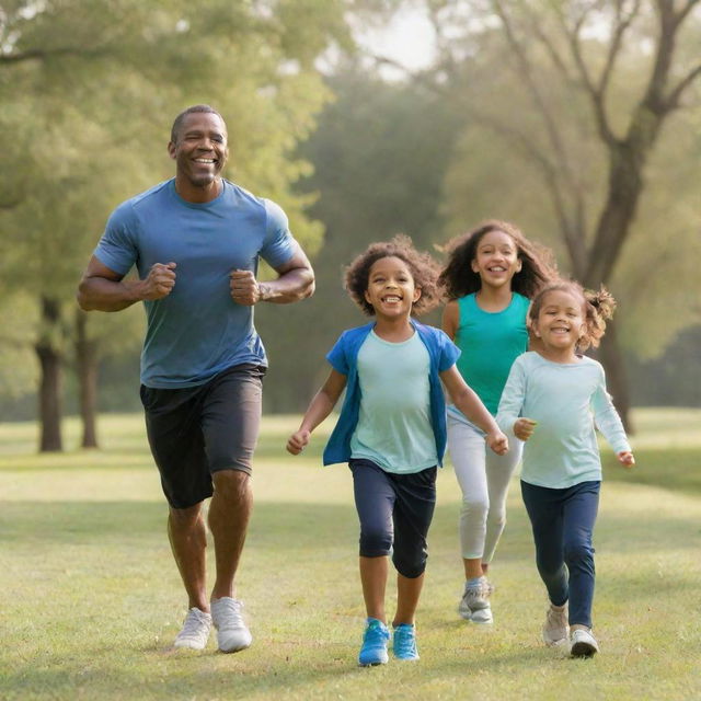 A wholesome image of a father happily exercising with his enthusiastic children in a bright outdoor setting.