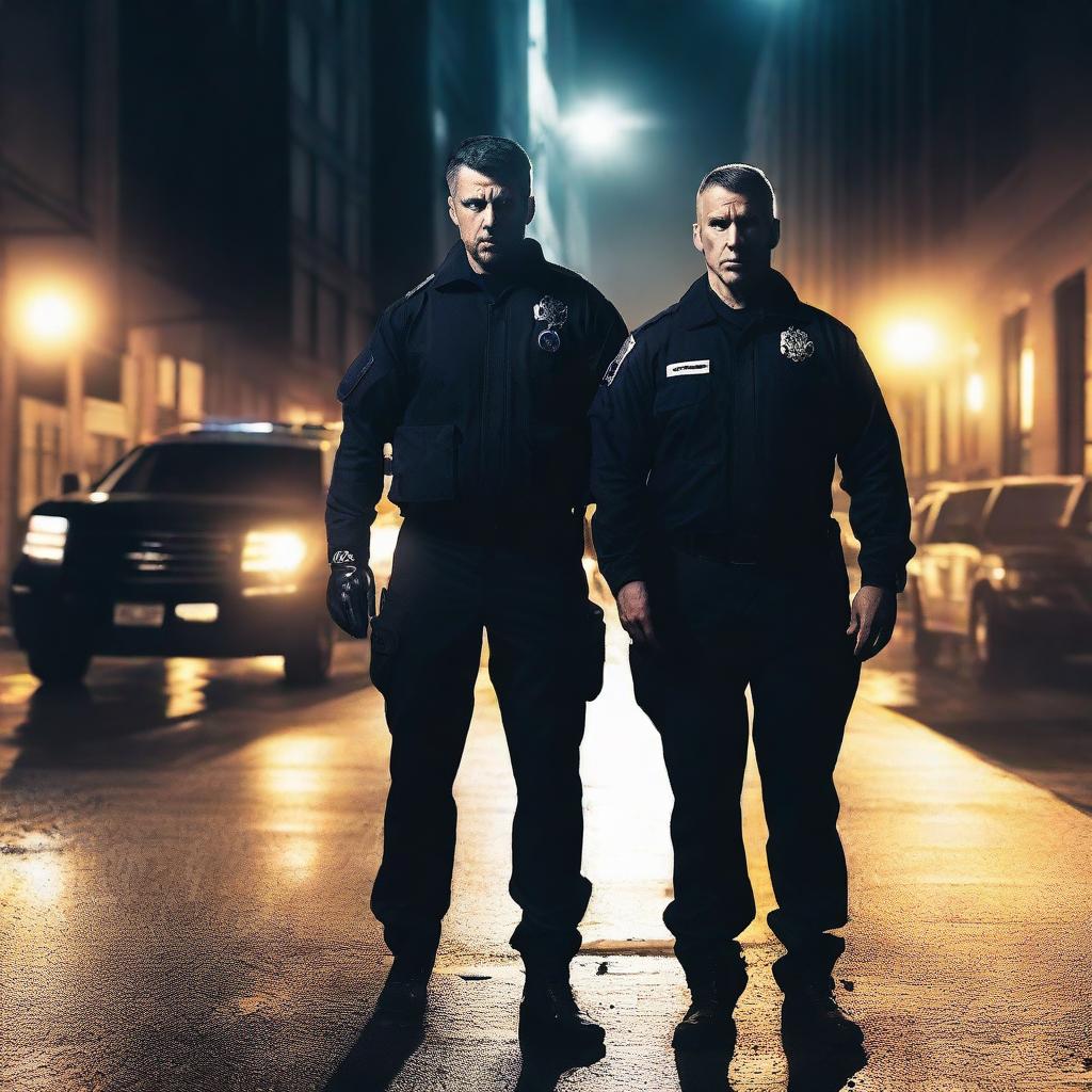 A male assassin dressed in dark, tactical gear standing beside a male EMT in a standard emergency medical technician uniform