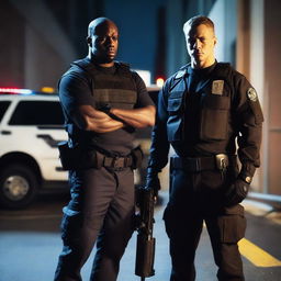 A male assassin dressed in dark, tactical gear standing beside a male EMT in a standard emergency medical technician uniform