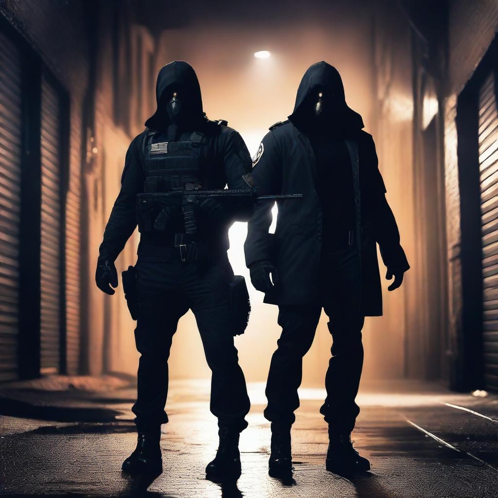 A dramatic scene featuring a male assassin and a male EMT