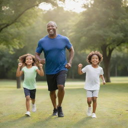 A wholesome image of a father happily exercising with his enthusiastic children in a bright outdoor setting.