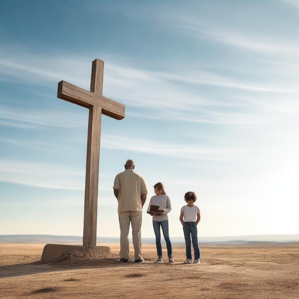 A man with his two daughters standing in front of a giant cross and a Bible