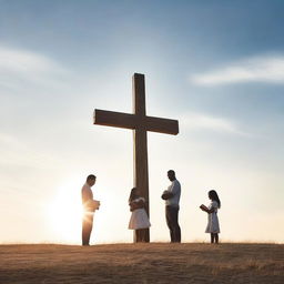 A man with his two daughters standing in front of a giant cross and a Bible