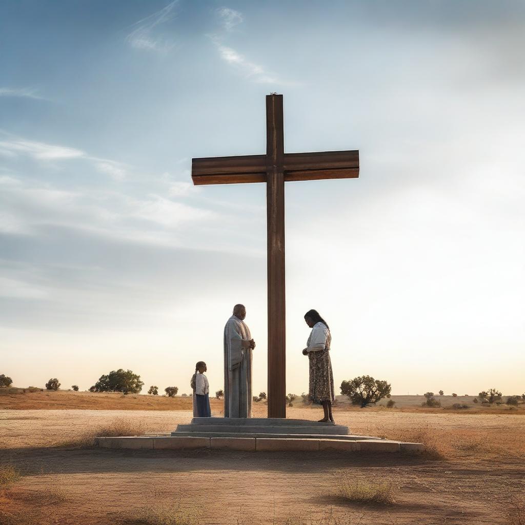 A man with his two daughters standing in front of a giant cross and a Bible