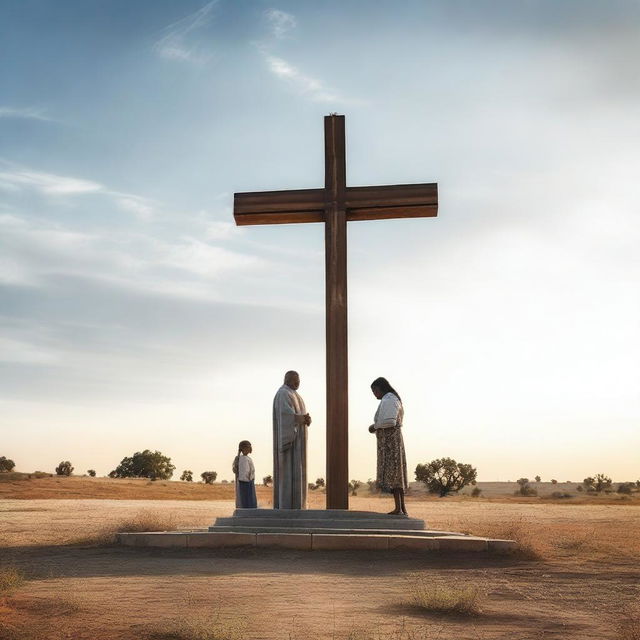 A man with his two daughters standing in front of a giant cross and a Bible