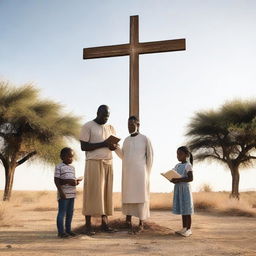 A man with his two daughters standing in front of a giant cross and a Bible