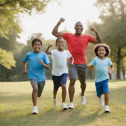 A wholesome image of a father happily exercising with his enthusiastic children in a bright outdoor setting.