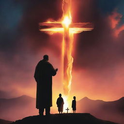 A human cover image featuring a man with his two daughters in the background, a giant cross, and a Bible