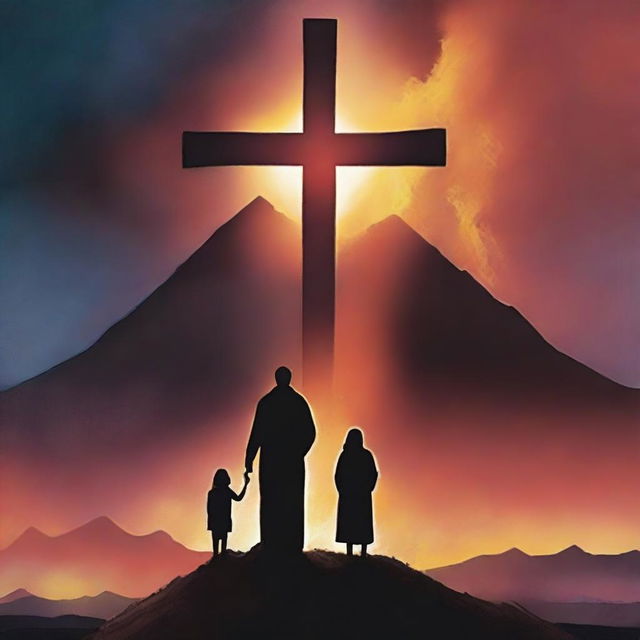 A human cover image featuring a man with his two daughters in the background, a giant cross, and a Bible