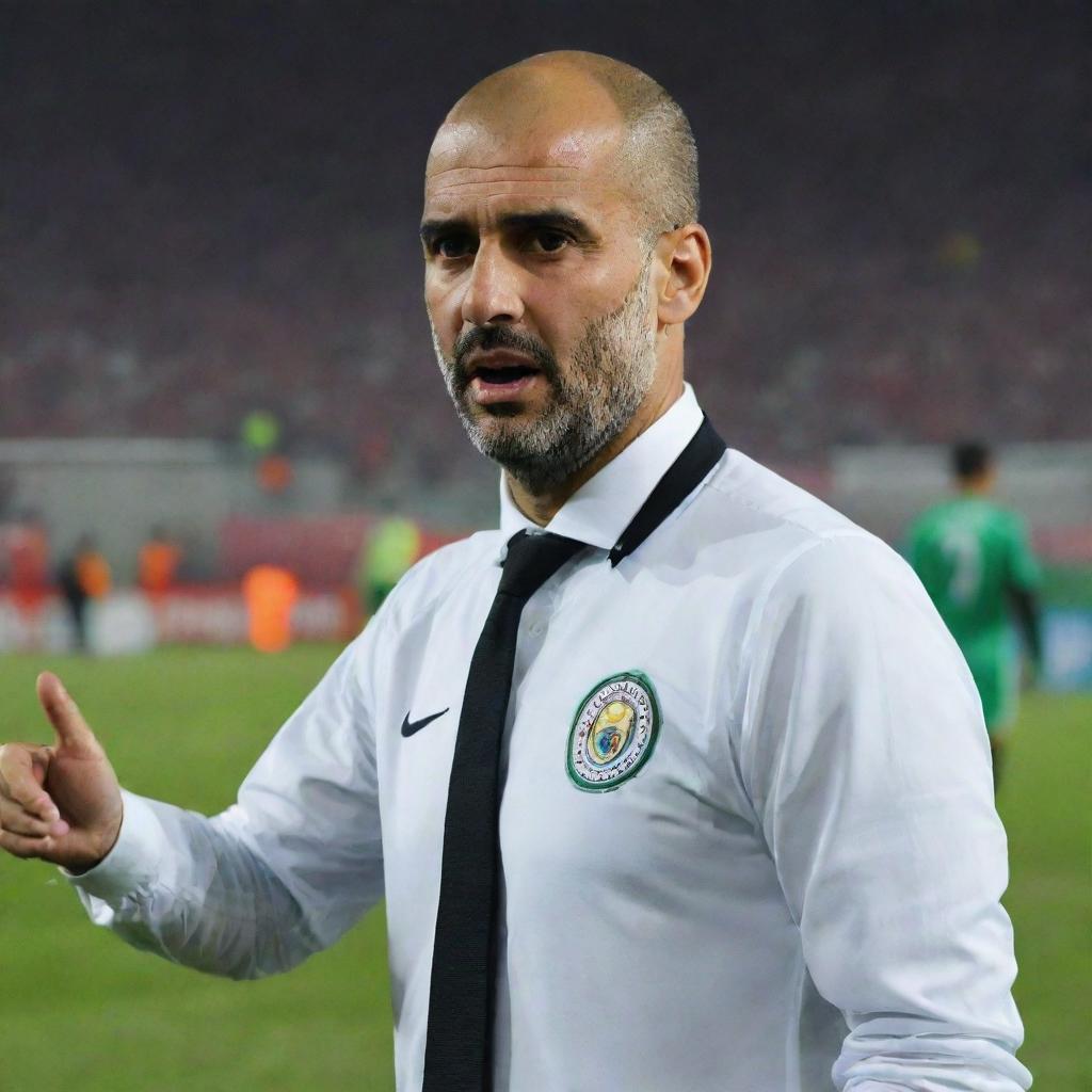 Pep Guardiola coaching the Algerian national football team. Show him wearing Algerian team colours on the sideline of a bustling stadium, passionately giving instructions to the players.