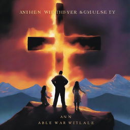 A human cover featuring a man with his two daughters, a giant cross in the background, and a Bible