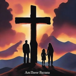 A human cover featuring a man with his two daughters, a giant cross in the background, and a Bible