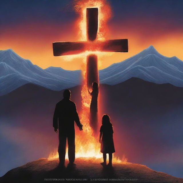 A human cover featuring a man with his two daughters, a giant cross in the background, and a Bible