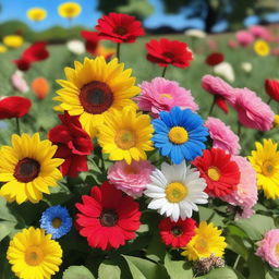 A vibrant and colorful image of various types of flowers in full bloom, including roses, tulips, daisies, and sunflowers