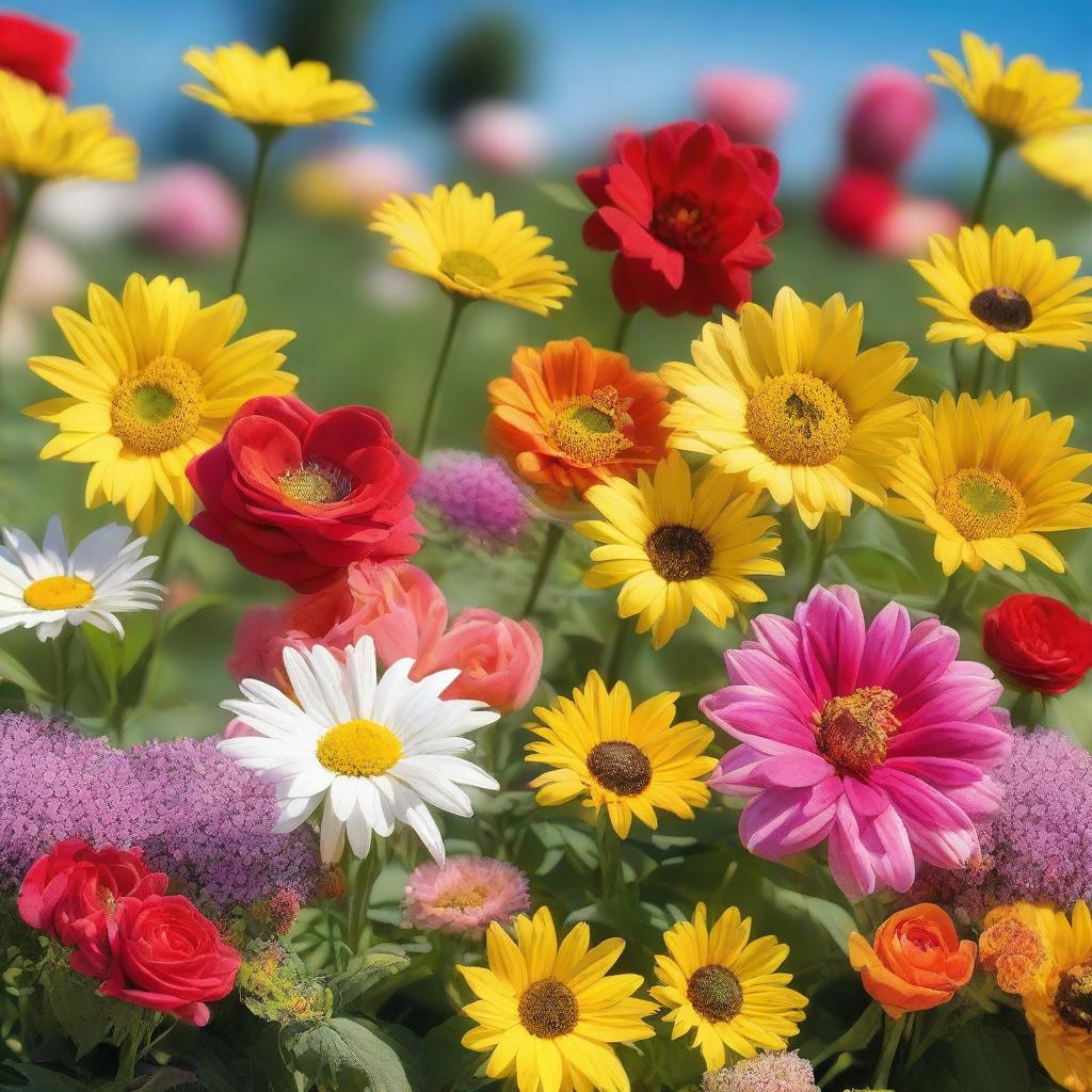 A vibrant and colorful image of various types of flowers in full bloom, including roses, tulips, daisies, and sunflowers