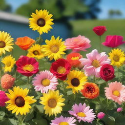 A vibrant and colorful image of various types of flowers in full bloom, including roses, tulips, daisies, and sunflowers