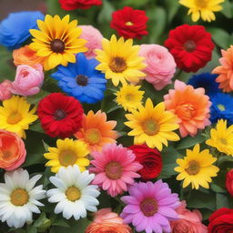 A vibrant and colorful image of various types of flowers in full bloom, including roses, tulips, daisies, and sunflowers