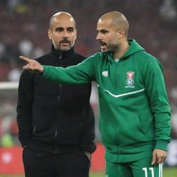 Pep Guardiola coaching the Algerian national football team. Show him wearing Algerian team colours on the sideline of a bustling stadium, passionately giving instructions to the players.