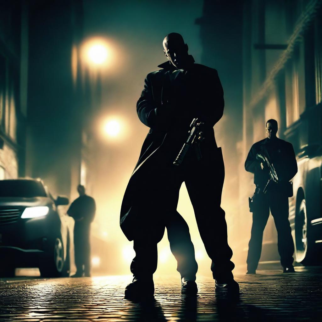 A dramatic scene featuring a male first responder and a male hitman