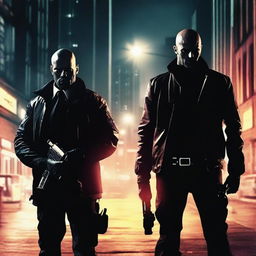 A dramatic scene featuring a male first responder and a male hitman