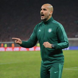 Pep Guardiola coaching the Algerian national football team. Show him wearing Algerian team colours on the sideline of a bustling stadium, passionately giving instructions to the players.