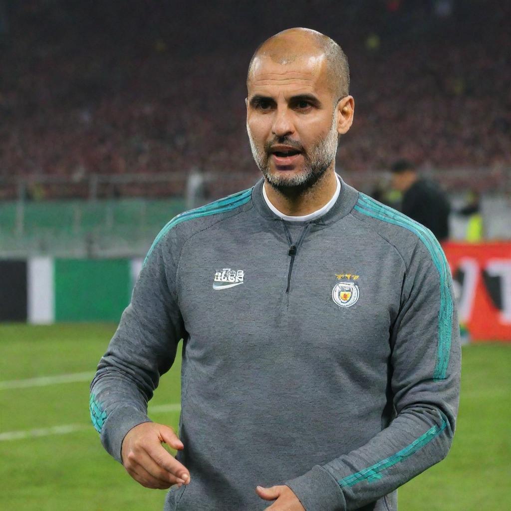 Pep Guardiola coaching the Algerian national football team. Show him wearing Algerian team colours on the sideline of a bustling stadium, passionately giving instructions to the players.