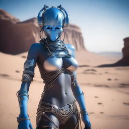 A Star Wars themed alien slave girl, dressed in sci-fi attire with chains and shackles, set in a futuristic desert environment