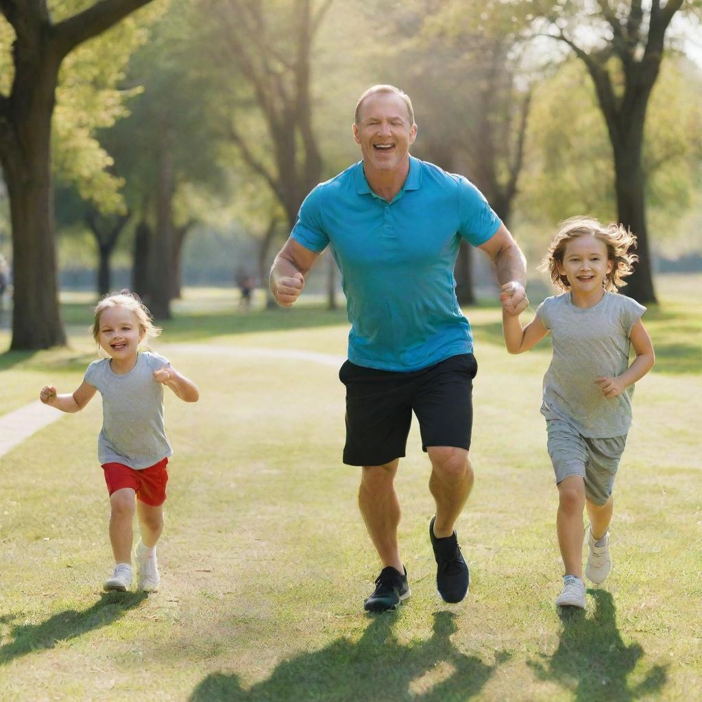 A Caucasian father joyfully exercising with his children in a sunny park, demonstrating various fitness activities