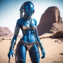 A Star Wars themed alien slave girl, dressed in sci-fi attire with chains and shackles, set in a futuristic desert environment