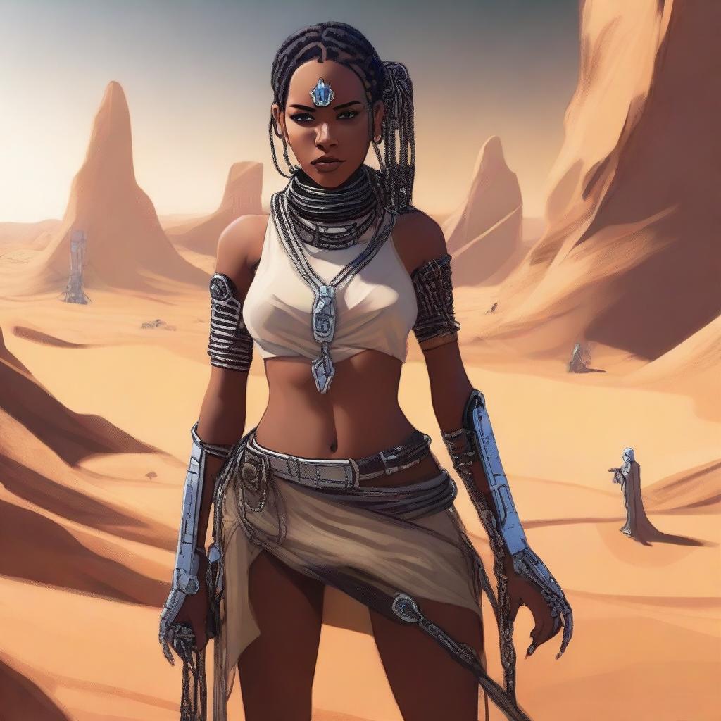 A Star Wars themed slave girl, dressed in sci-fi attire with chains and shackles, set in a futuristic desert environment