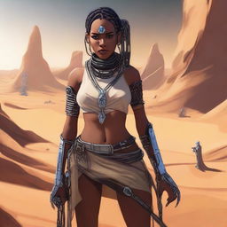 A Star Wars themed slave girl, dressed in sci-fi attire with chains and shackles, set in a futuristic desert environment