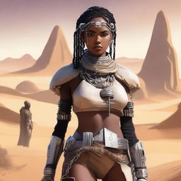 A Star Wars themed slave girl, dressed in sci-fi attire with chains and shackles, set in a futuristic desert environment