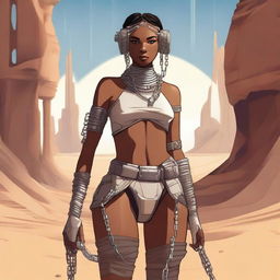 A Star Wars themed slave girl, dressed in sci-fi attire with chains and shackles, set in a futuristic desert environment