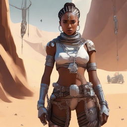 A Star Wars themed slave girl, dressed in sci-fi attire with chains and shackles, set in a futuristic desert environment