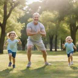 A Caucasian father joyfully exercising with his children in a sunny park, demonstrating various fitness activities