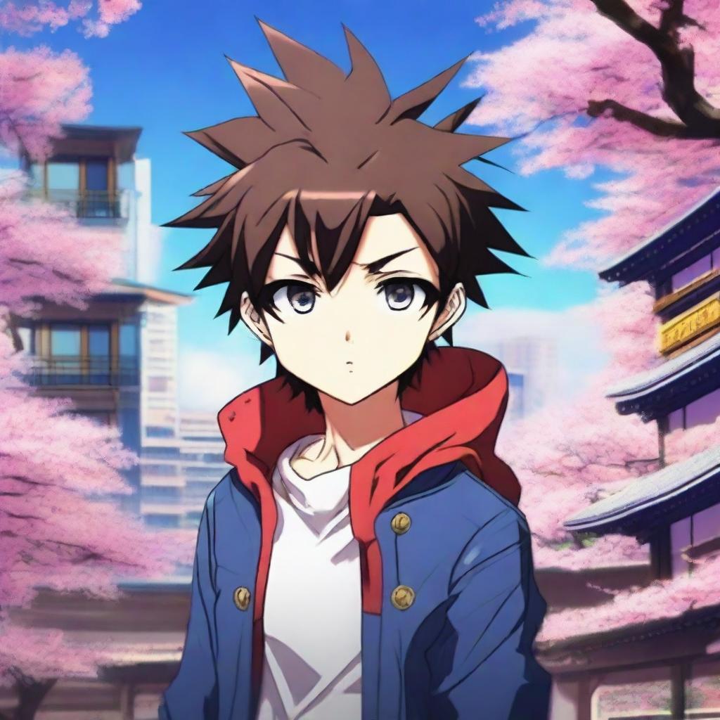 A captivating anime scene featuring a young protagonist with spiky hair and expressive eyes