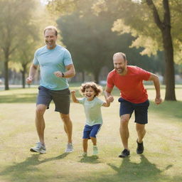 A Caucasian father joyfully exercising with his children in a sunny park, demonstrating various fitness activities