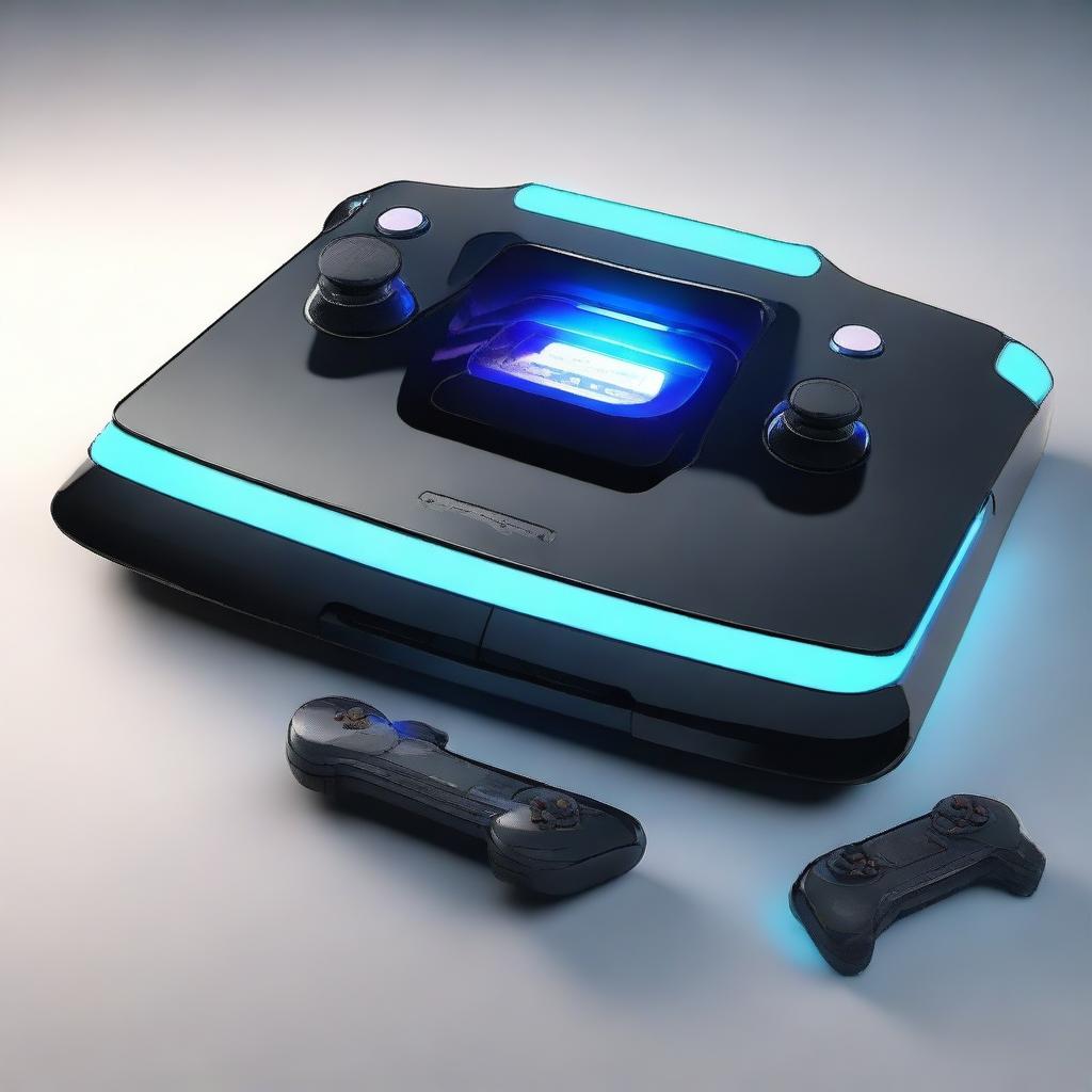 A high-tech gaming console with sleek design, futuristic interface, and glowing LED lights