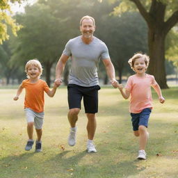 A Caucasian father joyfully exercising with his children in a sunny park, demonstrating various fitness activities