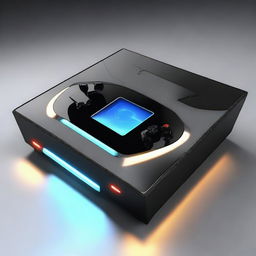 A high-tech gaming console with sleek design, futuristic interface, and glowing LED lights