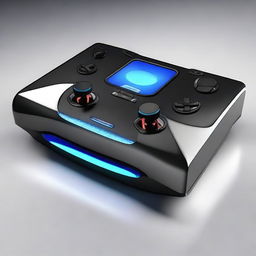 A high-tech gaming console with sleek design, futuristic interface, and glowing LED lights