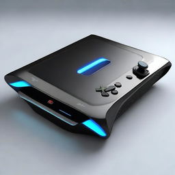 A high-tech gaming console with sleek design, futuristic interface, and glowing LED lights