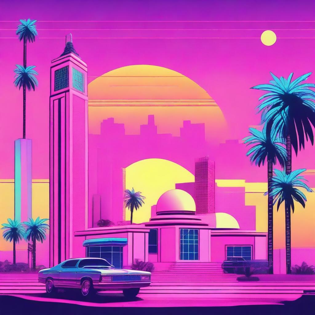 A vaporwave-style depiction of Bethlehem, blending retro-futuristic aesthetics with neon colors and 80s-inspired elements