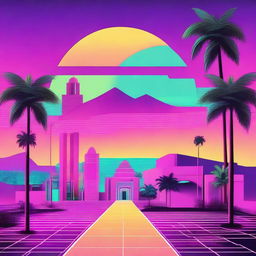 A vaporwave-style depiction of Bethlehem, blending retro-futuristic aesthetics with neon colors and 80s-inspired elements