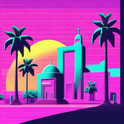 A vaporwave-style depiction of Bethlehem, blending retro-futuristic aesthetics with neon colors and 80s-inspired elements