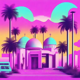 A vaporwave-style depiction of Bethlehem, blending retro-futuristic aesthetics with neon colors and 80s-inspired elements